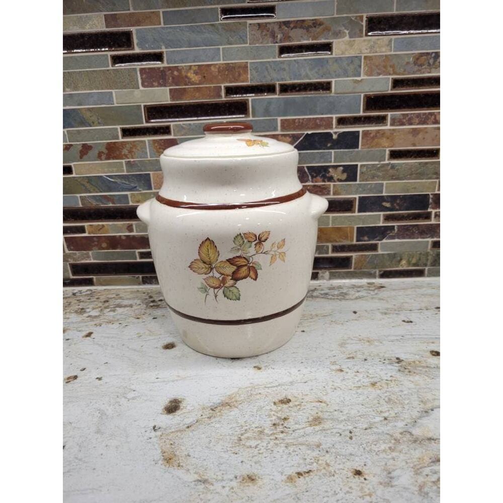 Vintage Cookie Jar, Tan Speckled, Autumn Leaves, Ceramic